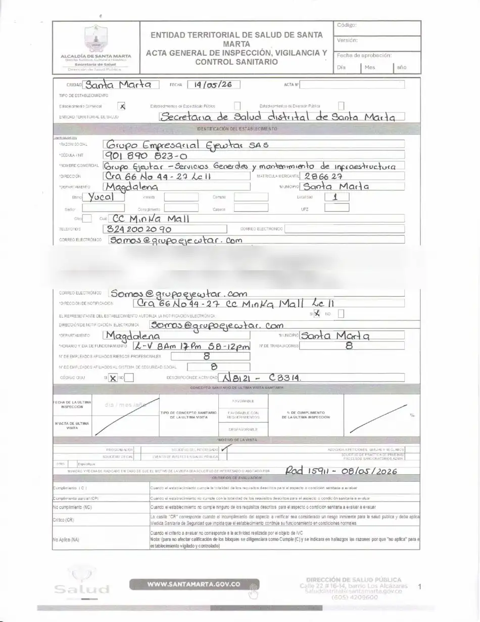 Concepto sanitario favorable — Desinfección — FumiCenter, Santa Marta