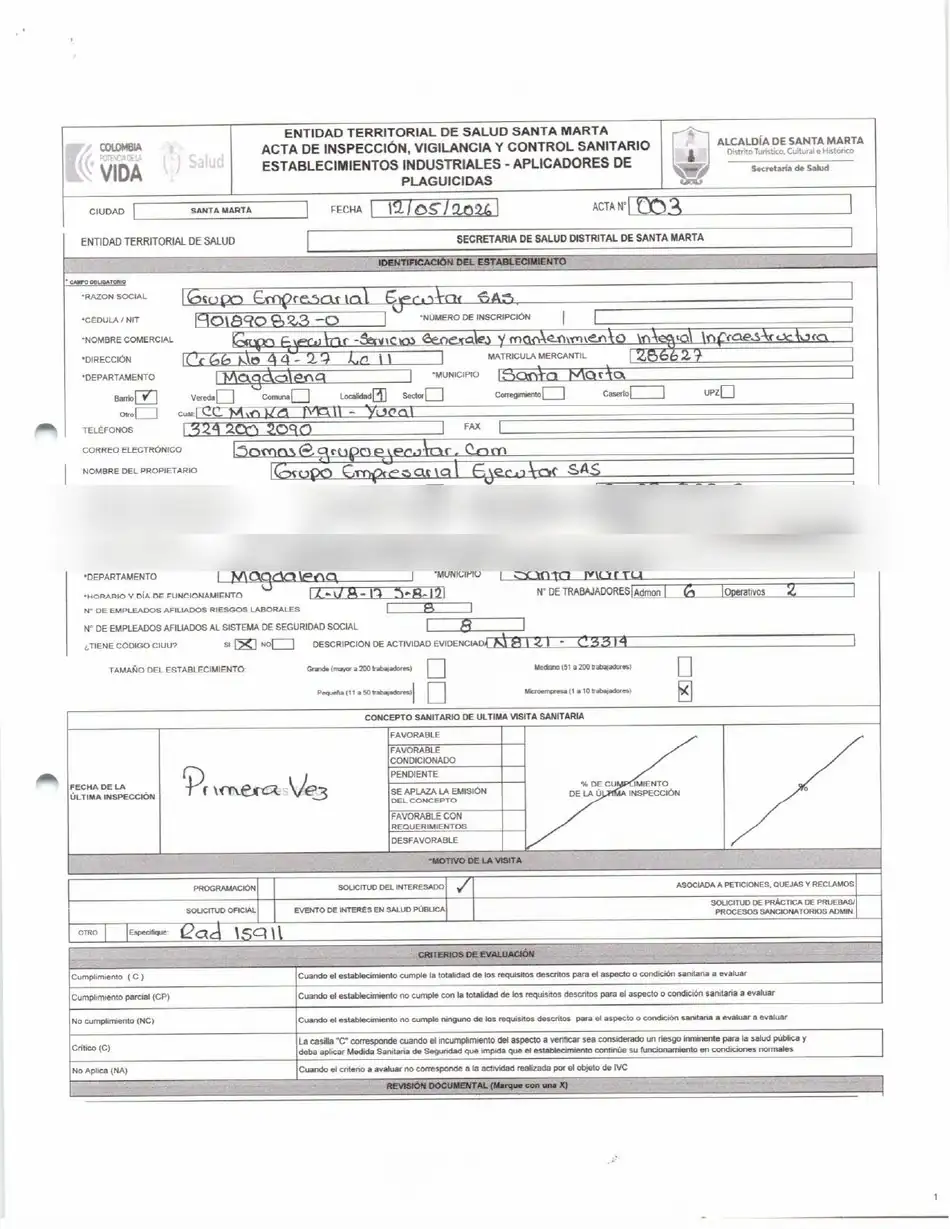 Concepto sanitario favorable — Fumigación — FumiCenter, Santa Marta