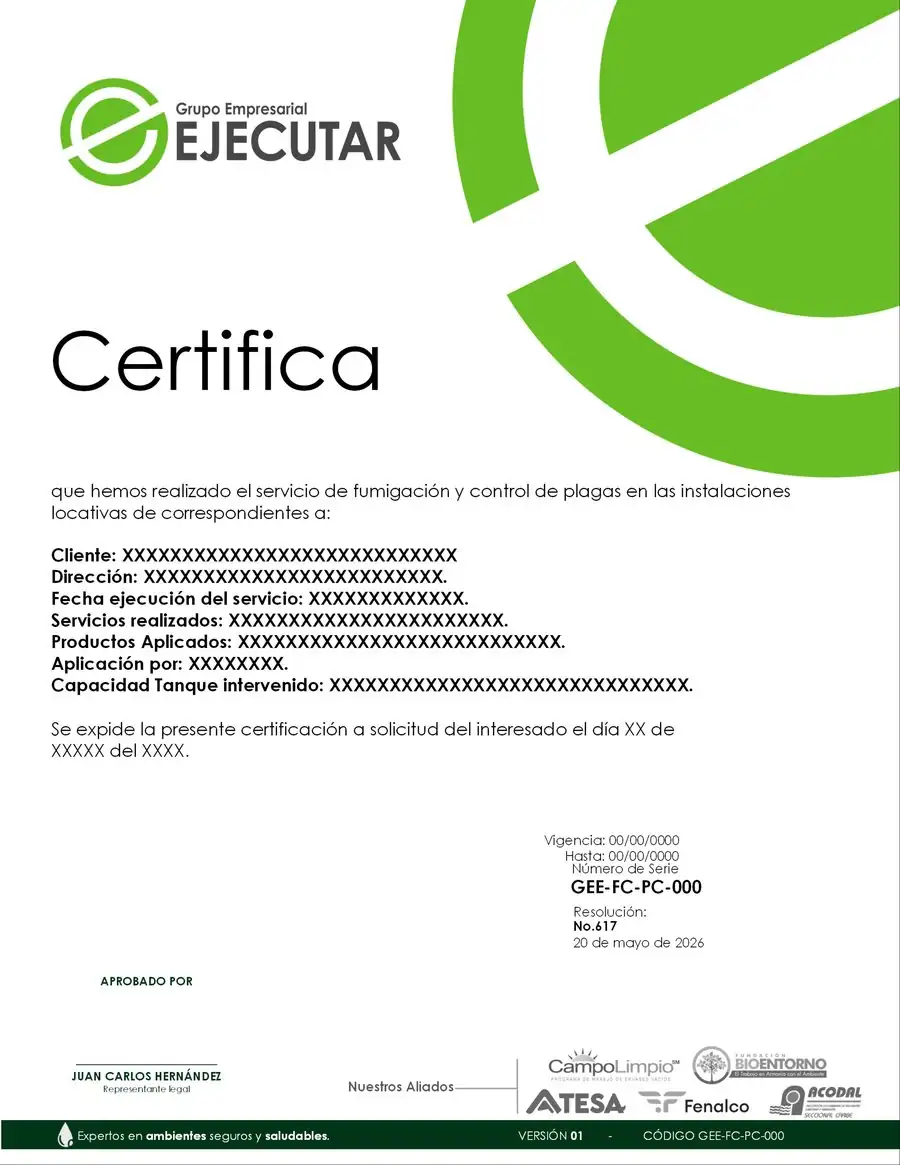 Formato de certificado de control de plagas de FumiCenter