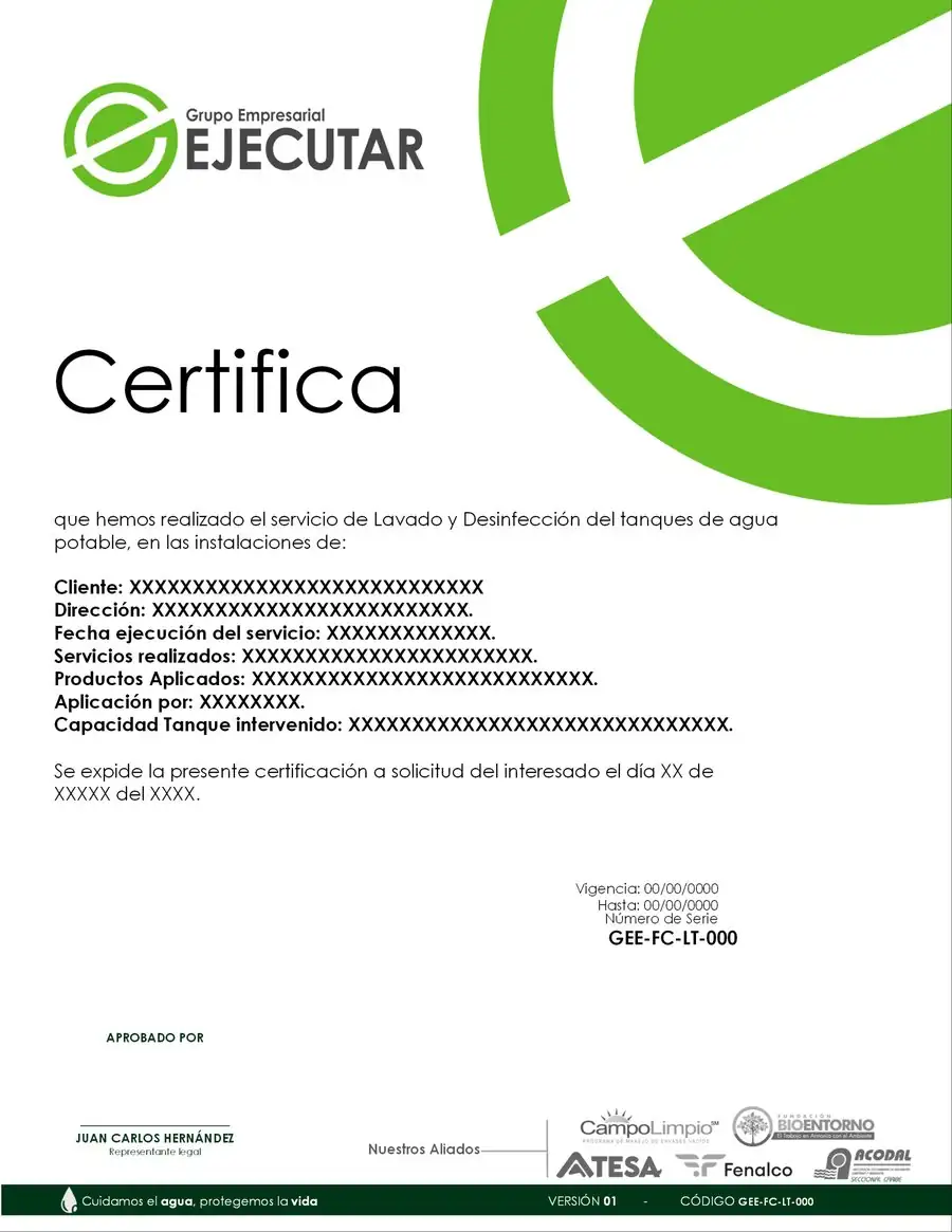 Formato de certificado de lavado y desinfección de tanques de FumiCenter